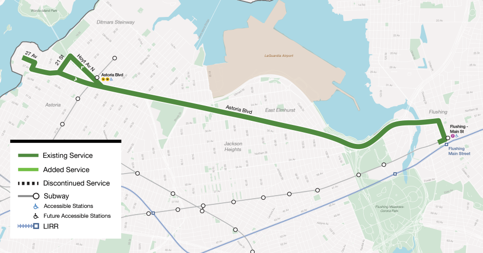 Map of the Q19 with service between Flushing and Astoria via Main St, Northern Blvd, Astoria Blvd, Astoria Blvd N/Astoria Blvd S, Hoyt Av N, 21 St, Astoria Blvd, 8 St, 27 Av, 1 St.