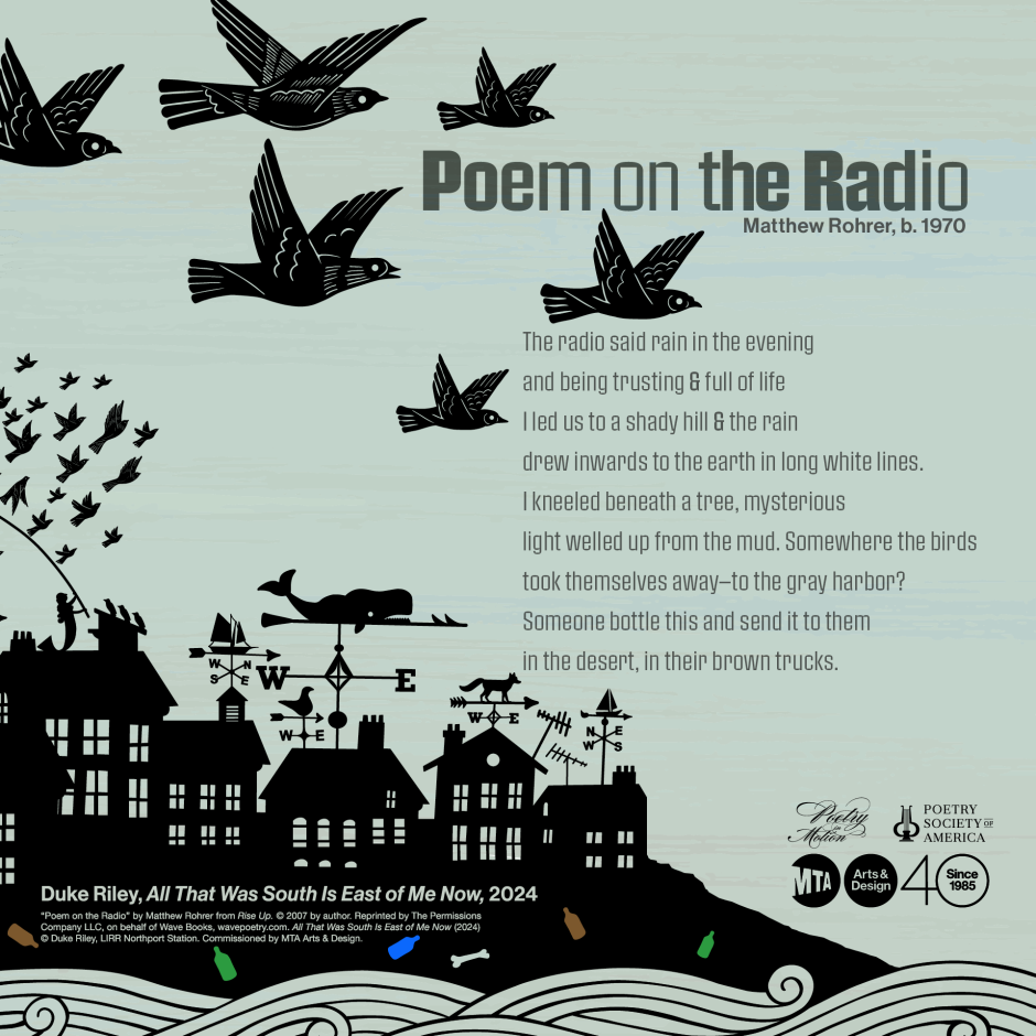 The poem "Poem on the Radio" set on an illustration of silhouetted pigeons.