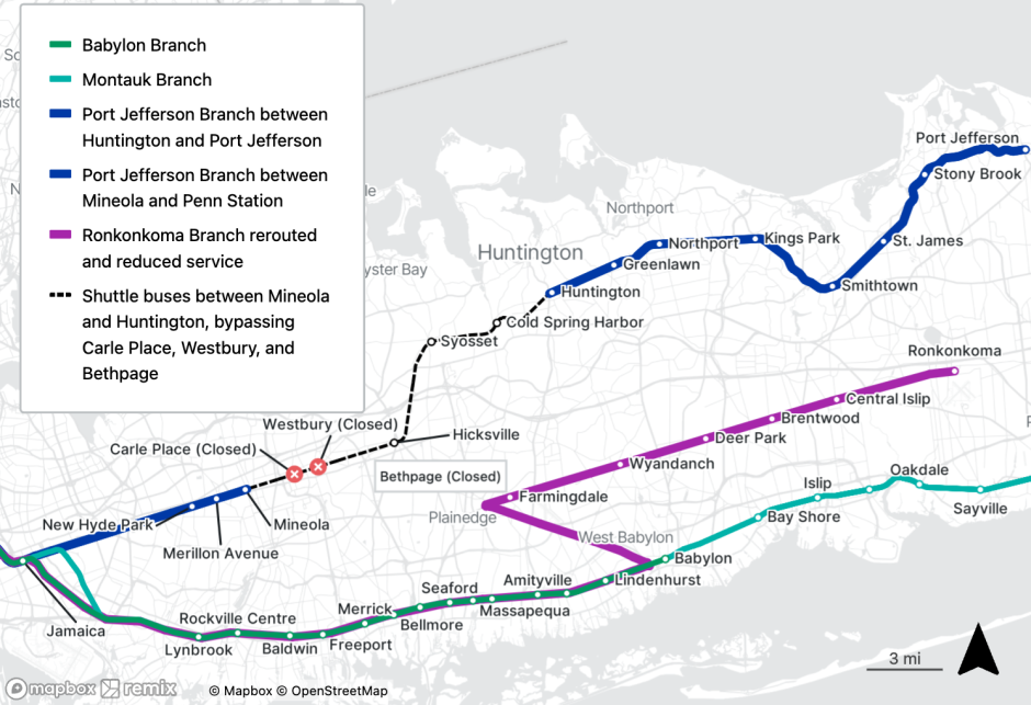 Map showing Babylon Branch, Montauk Branch, Port Jefferson Branch between Huntington and Port Jefferson, Port Jefferson Branch between Mineola and Penn Station, Ronkonkoma Branch rerouted and reduced service, and shuttle buses between Mineola and Huntington, bypassing Carle Place, Westbury, and Bethpage