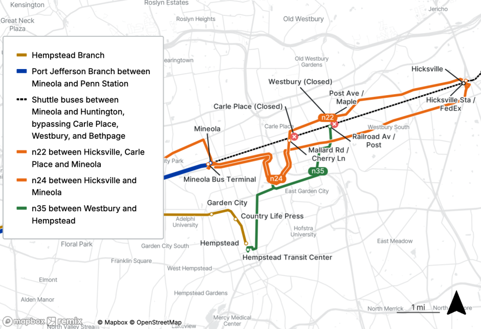 Map showing the Hempstead Branch, Port Jefferson Branch, shuttle buses between Mineola and Huntington, and n22, n24, and n35 buses