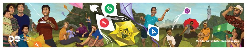 Illustrated figures flying kites in a park.