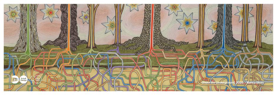 Long horizontal poster with an illustration of tree roots that grow into subway lines.