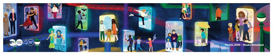 Figures stepping through portals.