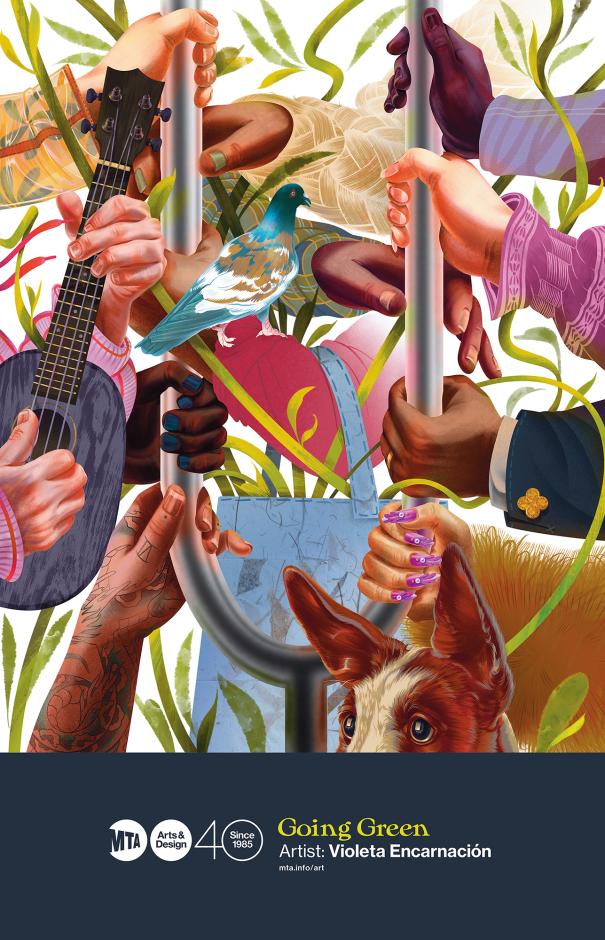 Poster of illustrated figures holding on to a subway pole.