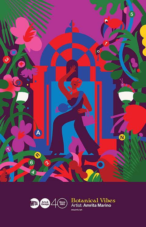 Vibrant poster with a woman dancing in the middle of green vines.