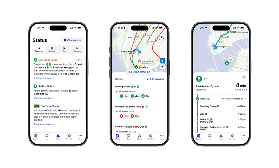 Screenshots of the MTA app showing service status with service alerts for favorite lines/routes, nearby subway stations with train arrivals, and a detail of a subway trip.
