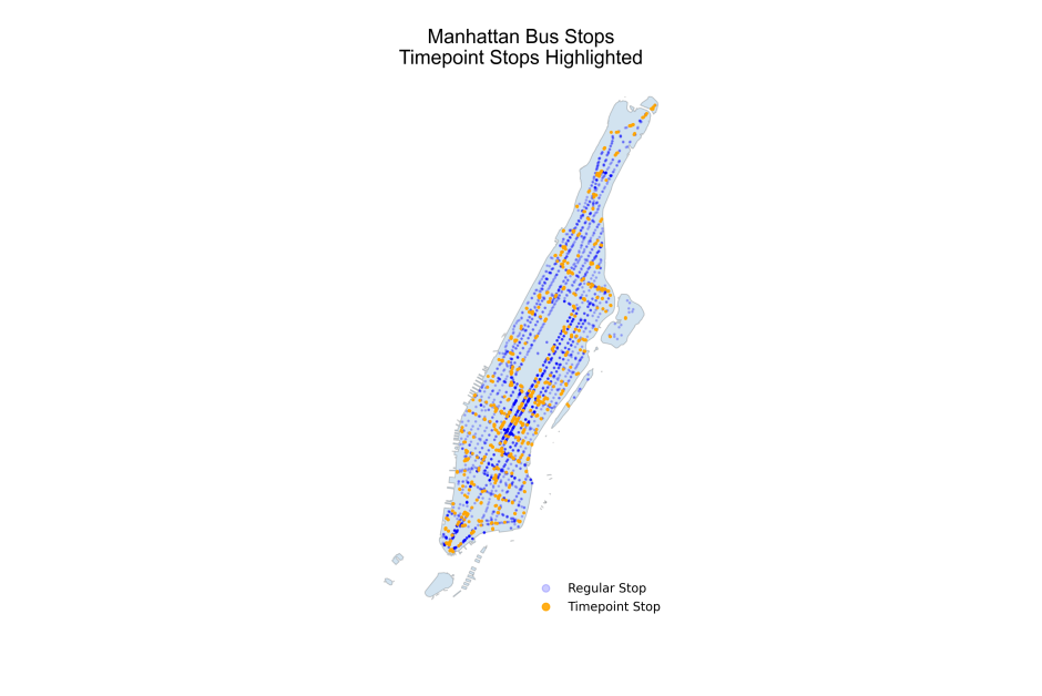 A map of Manhattan with all regular and timepoint bus stops marked