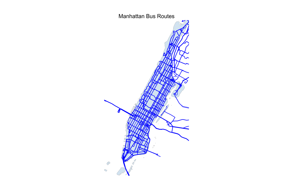 A map of Manhattan with all bus routes highlighted