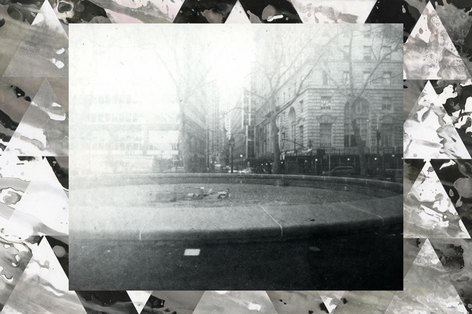 A black and white image of Bowling Green Park, framed by a triangular patterning