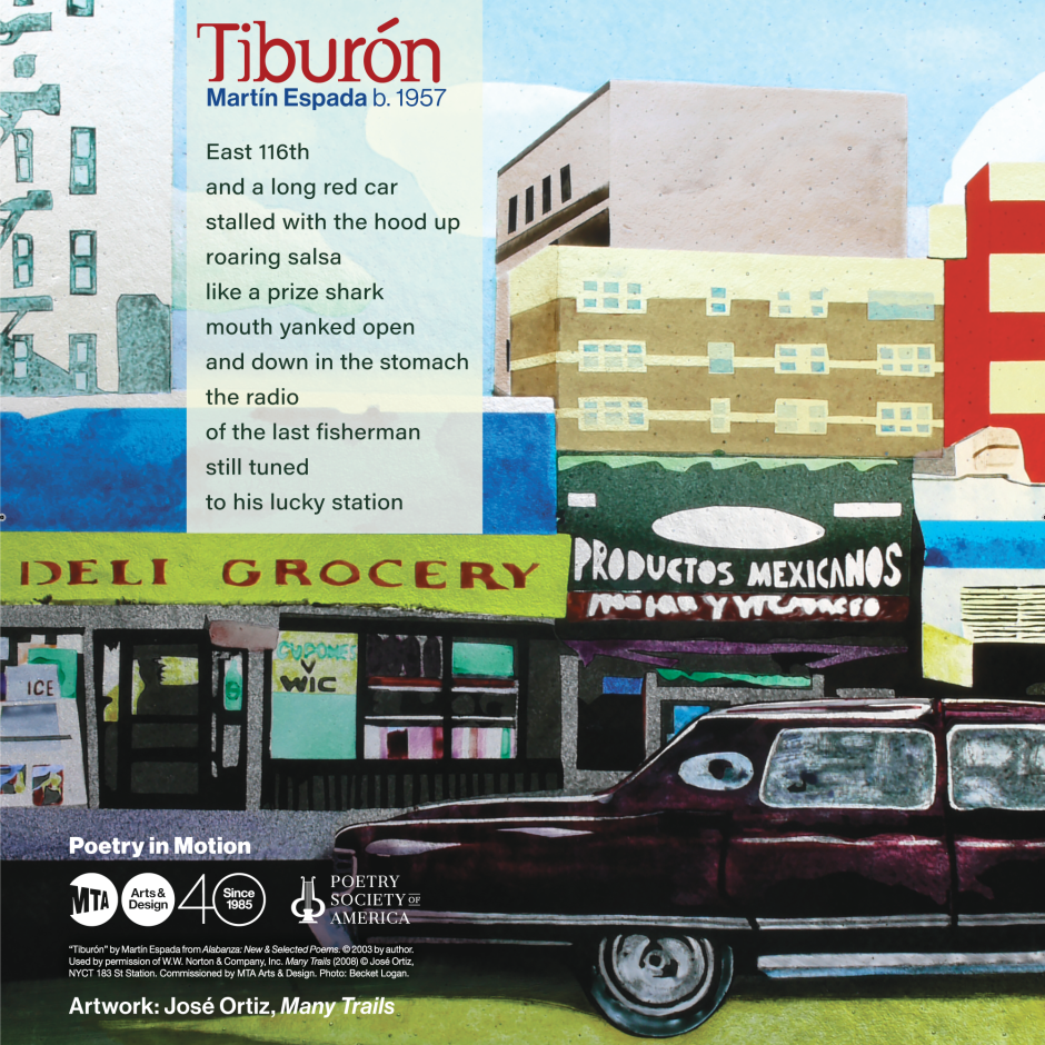 Hand painted buildings and classic car with a poem entitled Tiburón overlaid on top of the image. The poem reads: East 116th and a long red car stalled with the hood up roaring salsa like a white shark mouth yanked open and down in the stomach the radio of the last fisherman still tuned to his lucky station