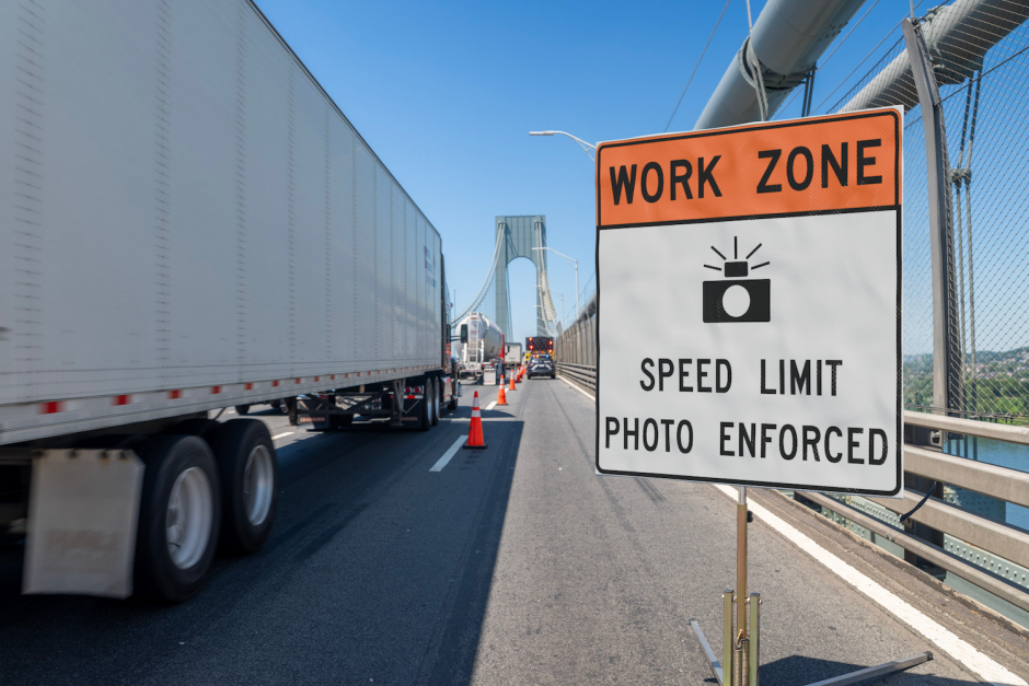 A sign on a highway with the test "Work Zone Speed Limit Photo Enforced"
