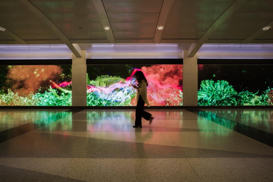 View of someone walking in front of three large screens with a green and pink artwork displayed.