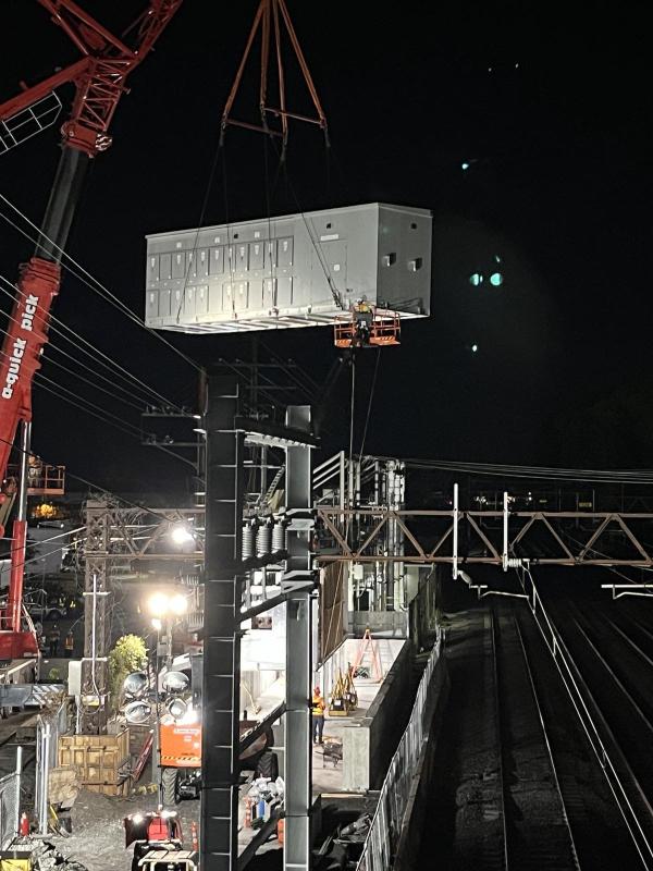 Nighttime image of prefabricated substation building construction