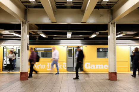 Photographs of people walking in subway station with a subway car wrapped in bright yellow that says "New York TImes Games"